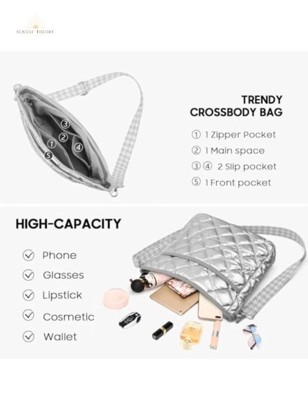 Quilted Crossbody Bag Women Puffer Purse Adjustable Strap Nylon